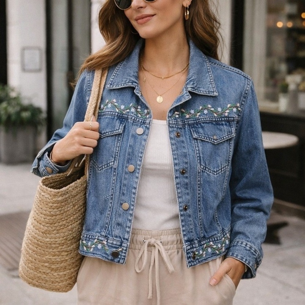 Karavan Denim Floral Embroidered Short Casual Blue Denim‎ Jacket Small
